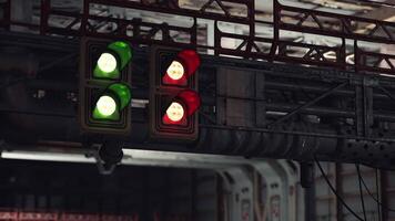 CGI Traffic light signals guiding vehicles in an urban intersection at night video