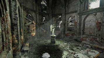 CGI Abandoned chapel with a statue surrounded by overgrown vegetation video