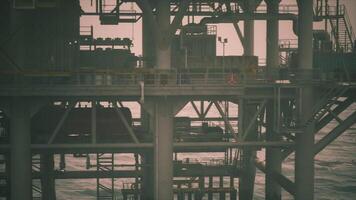 CGI Oil rig structure operates in offshore location under sunny sky and calm waters video