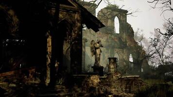 CGI Ruins of an old church with an angel statue surrounded by overgrown nature video