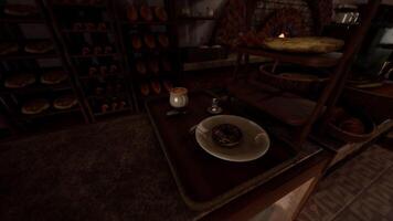 CGI Bakery display with a delicious dessert and hot drink on a wooden table video