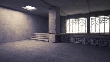 CGI Modern concrete interior with windows and staircase in an urban setting video