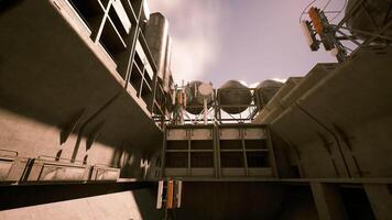 CGI Industrial architecture with towering structures and machinery under clear sky video