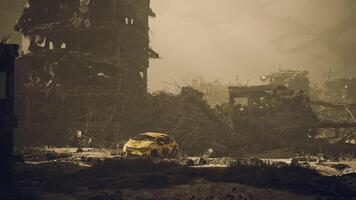 CGI Desolate landscape features a car amidst ruined buildings in twilight video