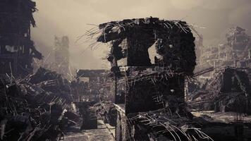 CGI Urban wasteland with twisted structures and overgrown debris at dusk video