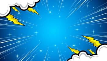 comic background with cartoon style design of clouds, lightning and stars. vector