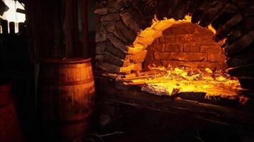 CGI Old forge with glowing embers and wooden barrel in a rustic setting video