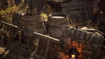 CGI Rustic barrels beside stone wall in an outdoor setting at twilight video