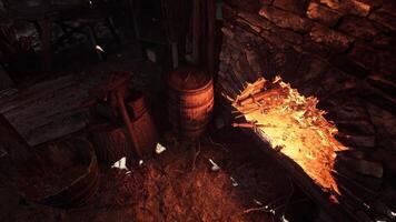 CGI Crafting tools at an old forge with glowing embers and rustic surroundings video