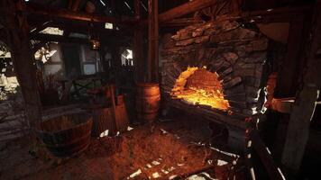 CGI Old forge with glowing embers and rustic wooden tools in a workshop video
