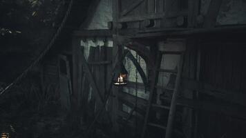 CGI Lantern hanging near the wooden door of an old, rustic building at dusk video