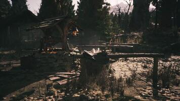 CGI Rustic cabin near a well surrounded by trees in a serene forest setting video
