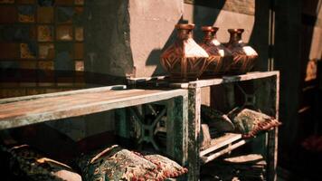 CGI Artistic display of decorative pillows and vases in a rustic setting video