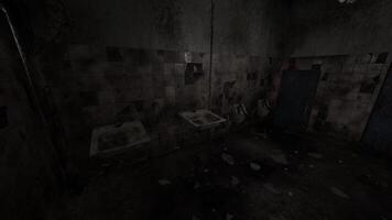 CGI Abandoned restroom with dilapidated fixtures and dark atmosphere at night video