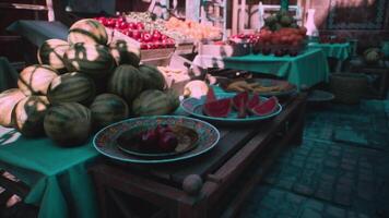 CGI Vibrant market stalls filled with fresh fruits and vegetables in the afternoon video