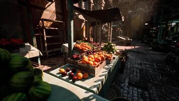 CGI Market stall filled with fresh fruits in a bustling urban setting video