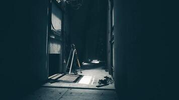 CGI Dimly lit corridor with construction equipment in an abandoned building video