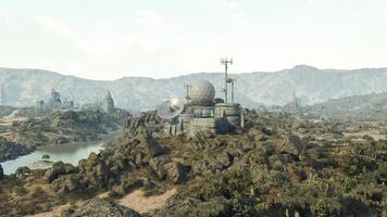 CGI Landscape with rocky terrain and communication towers near a river video