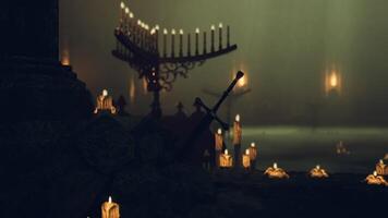 CGI Mysterious cavern with swords and candles creating an eerie ambiance video