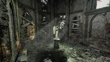CGI Abandoned chapel with a statue illuminated by sunlight in a forest video
