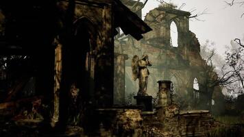 CGI Ruined gothic architecture with a statue among overgrown vegetation video