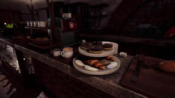 CGI Delicious baked goods served at a cozy cafe in a rustic setting video