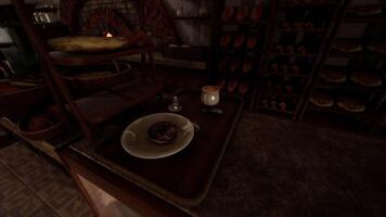 CGI Delicious dessert served on a elegant plate in a cozy bakery setting video