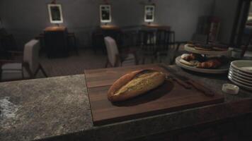 CGI Artisan bread displayed on a wooden board in a cozy cafe interior setting video