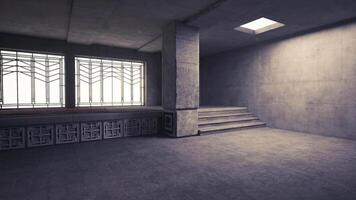 CGI Modern concrete interior with large windows and natural light streaming in video