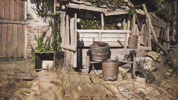 CGI Rustic garden shed with tools and aged wooden elements in a sunny outdoor space video