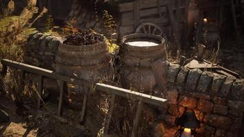 CGI Rustic wooden barrels near a stone wall in a tranquil outdoor setting video