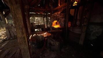 CGI Artisan crafts at an old forge in a rustic workshop setting during daylight video