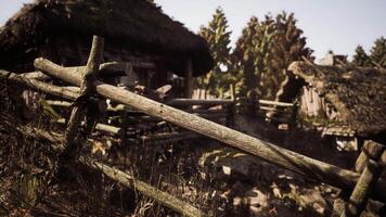 CGI Rustic wooden fence near traditional thatched roof buildings in nature video