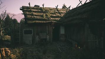 CGI Old rustic cabin with mossy roof in forest during sunrise video