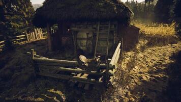 CGI Rustic farmhouse with straw roof and wooden fence in a rural setting video