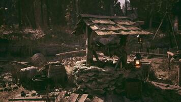 CGI Rustic well in a forest clearing surrounded by barrels at dusk video