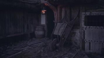 CGI Rustic outdoor setting with wheelbarrow, lantern, and wooden features at dusk video