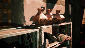 CGI Decorative pottery displayed on a rustic wooden shelf in a vibrant setting video