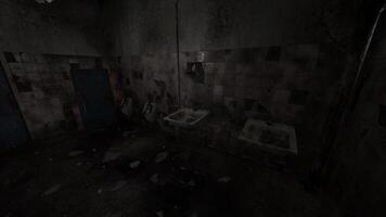 CGI Abandoned restroom with deteriorating walls and broken fixtures at night video