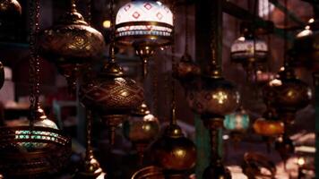 CGI Decorative lanterns hanging in a vibrant market at dusk video