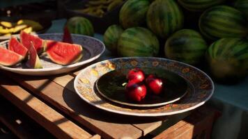 CGI Fresh fruits displayed at a market during a sunny afternoon video