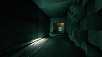 CGI A dimly lit corridor features textured walls and a faint glow at the far end video