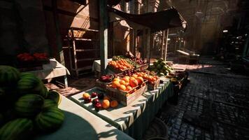 CGI Colorful market stall filled with fresh fruits on a sunny day video