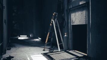 CGI Dimly lit hallway with ladder and equipment in an abandoned building video