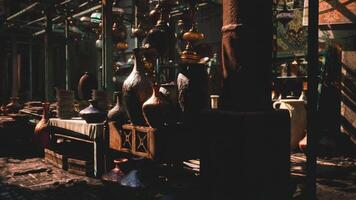 CGI Traditional pottery displayed in a bustling market during the evening video