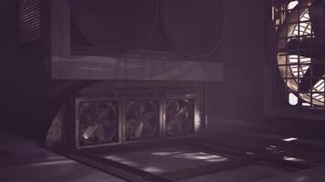 CGI Industrial fans in a dimly lit indoor environment create a dramatic atmosphere video