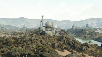 CGI Landscape with a communication tower overlooking a rocky terrain and river video