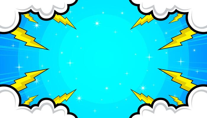Pop art background. Superhero cartoon banner with clouds, frames and halftones. Funny shapes in comic style.
