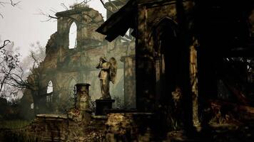 CGI Ruined chapel with an angel sculpture surrounded by overgrown nature video