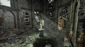 CGI Abandoned chapel with a stone angel and sunlight streaming through windows video